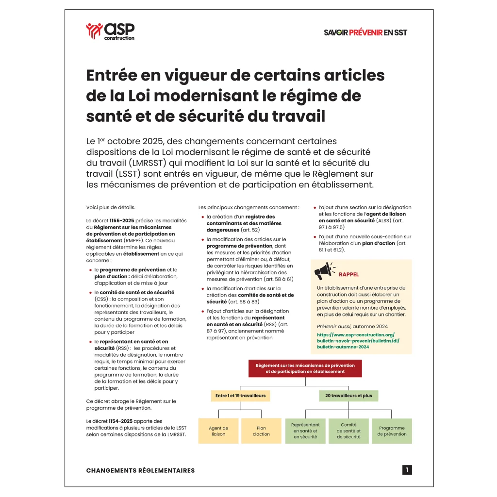 Entrée en vigueur de certains articles de la Loi modernisant le régime de santé et de sécurité du travail