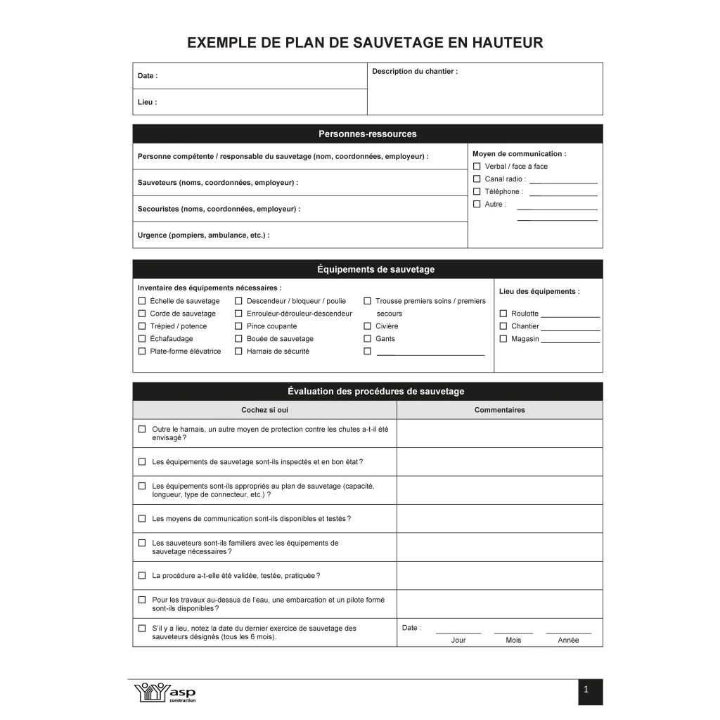 Exemple de plan de sauvetage en hauteur