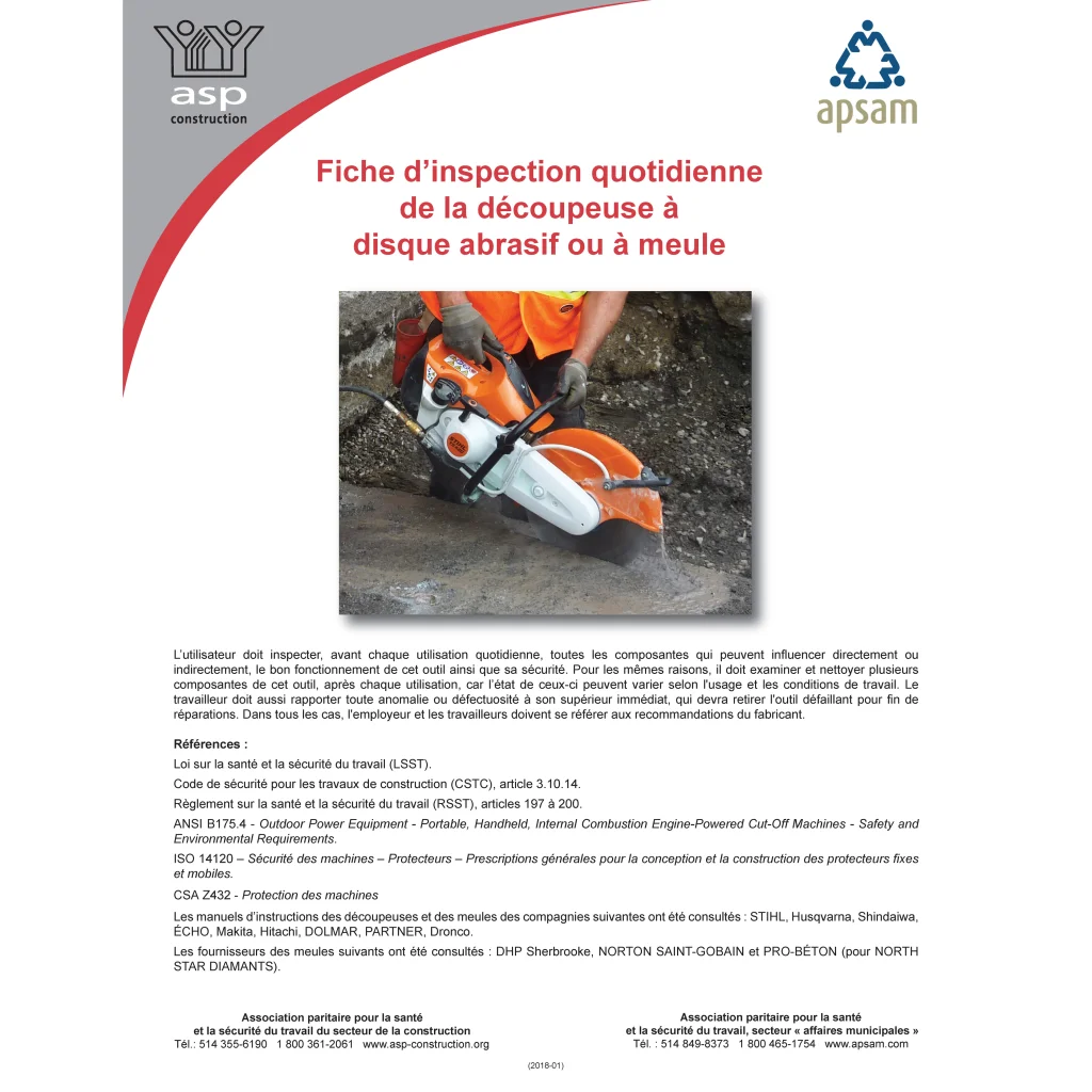 Fiche d'inspection quotidienne de la découpeuse à disque abrasif ou à meule. (Durée : 3 mois)