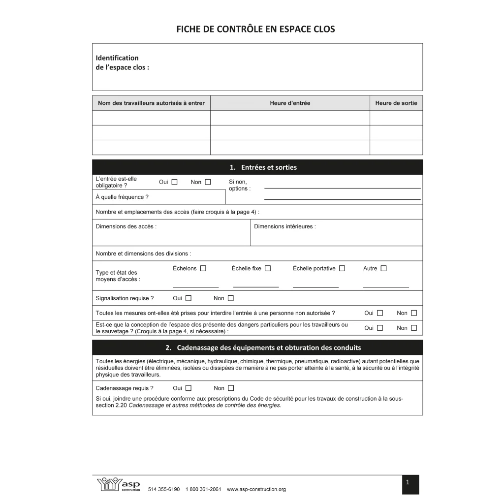 Fiche de contrôle en espace clos