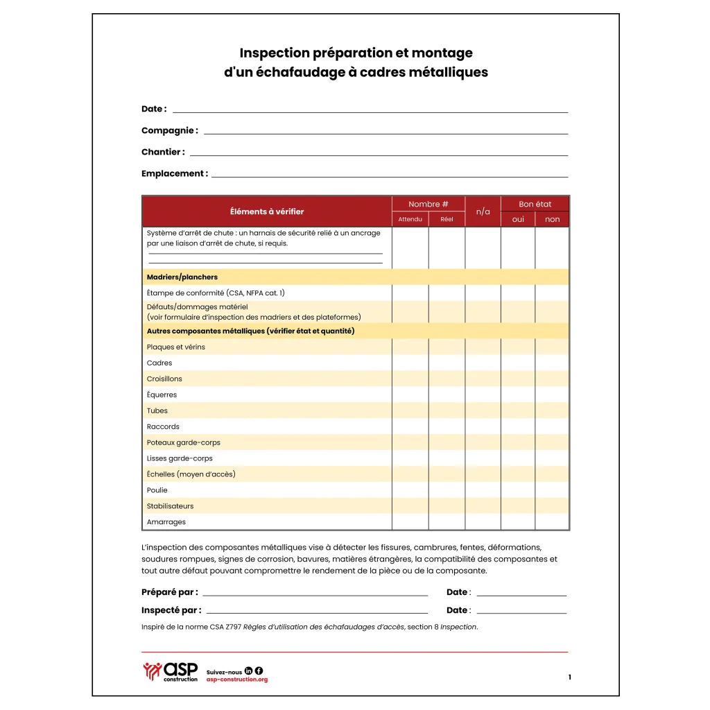 Fiche d’inspection / Inspection échafaudage à cadres métalliques