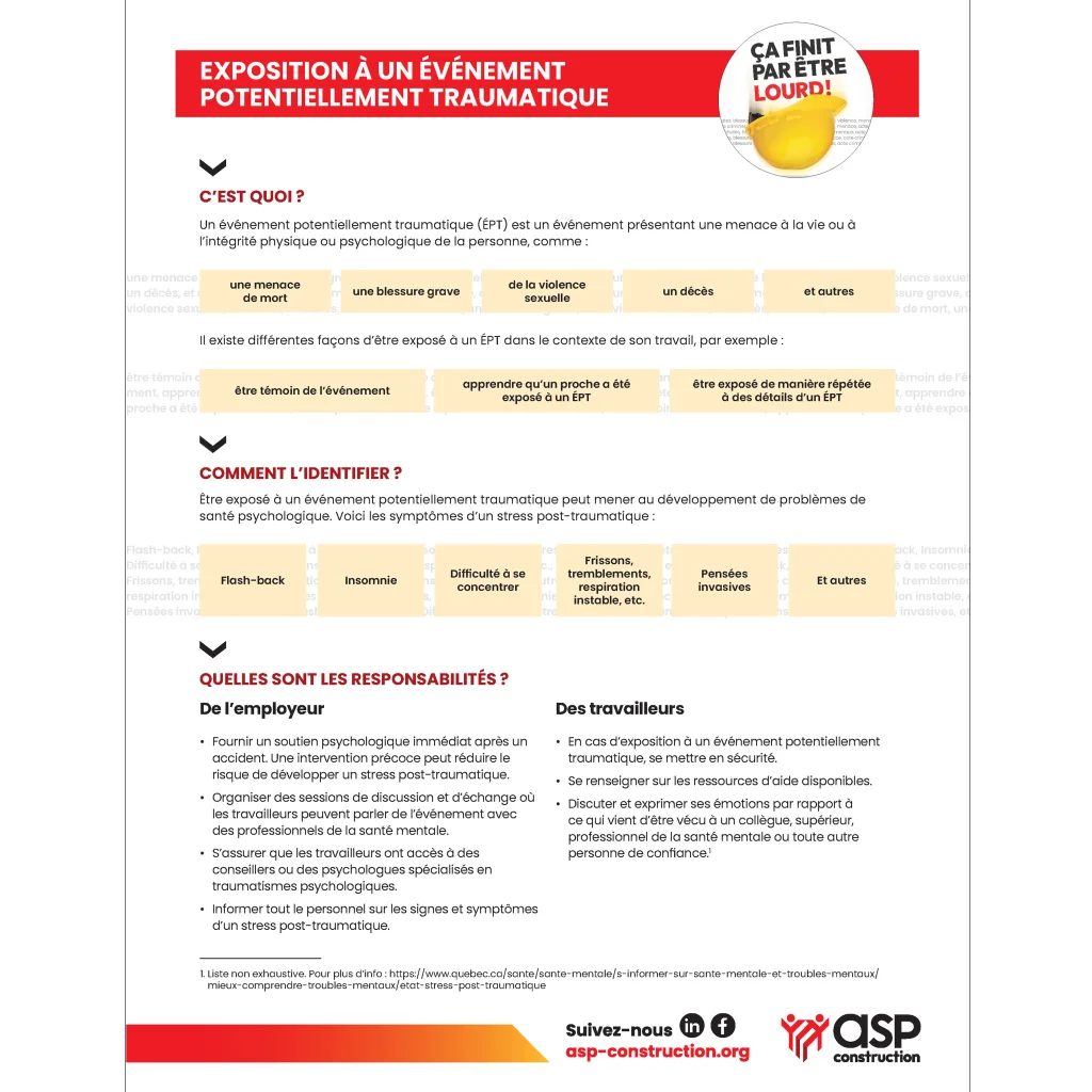 Fiche Risques psychosociaux - Exposition à un événement potentiellement traumatique