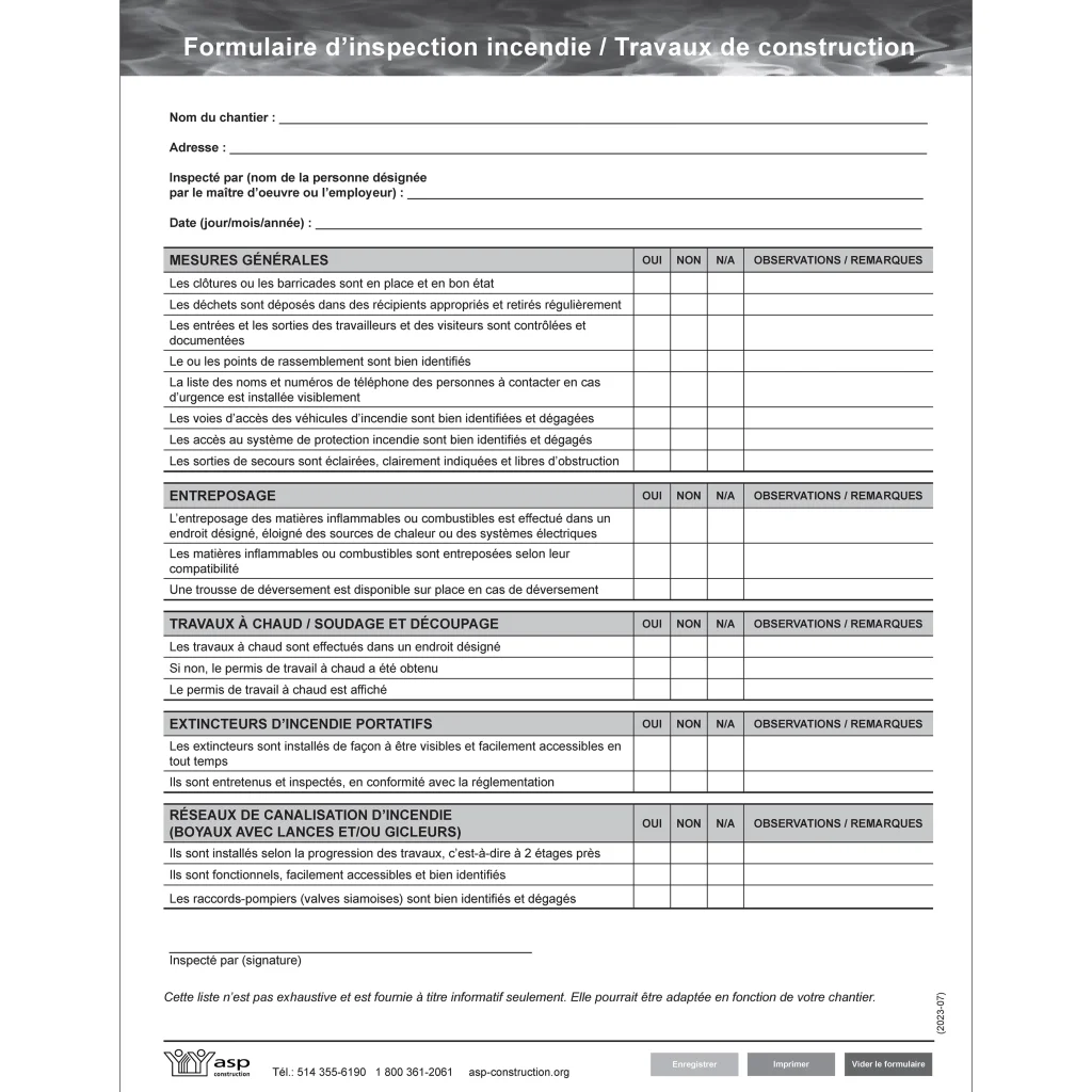 Formulaire d’inspection incendie / Travaux de construction