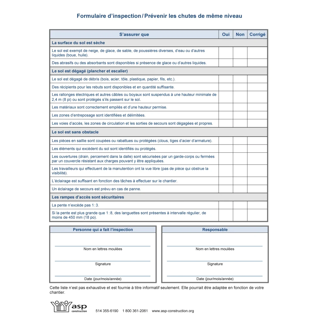 Formulaire d’inspection / Prévenir les chutes de même niveau
