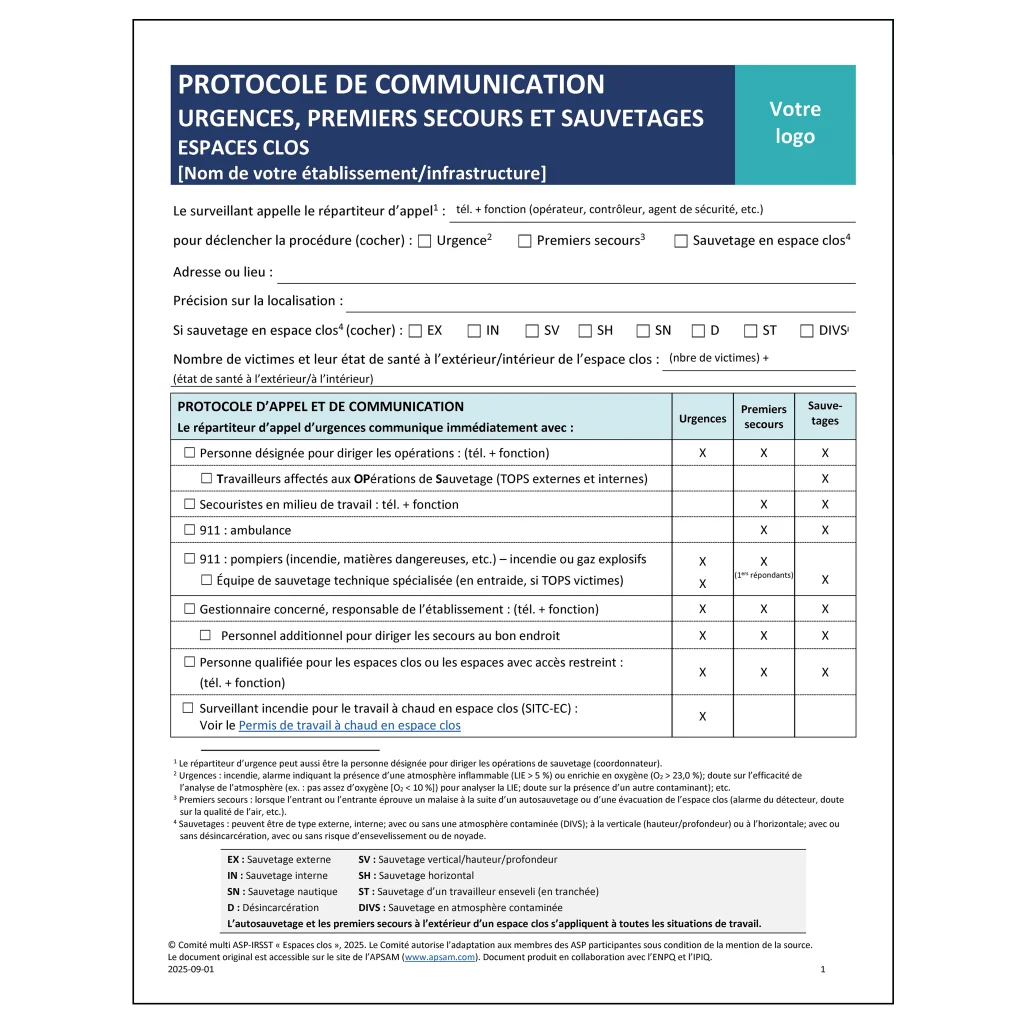 Protocole de communication - Urgences, premiers secours et sauvetages - Espaces clos