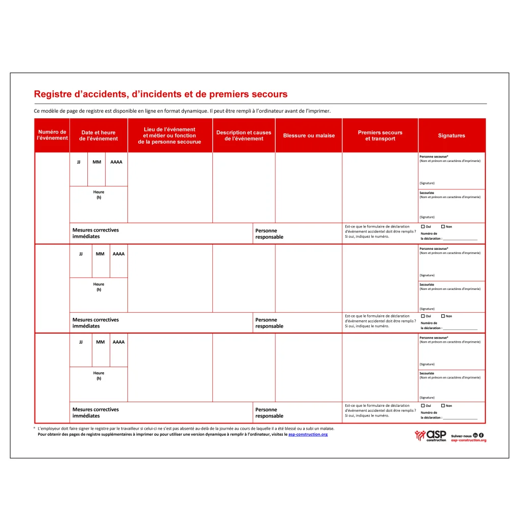 Registre d'accidents, d'incidents et de premiers secours